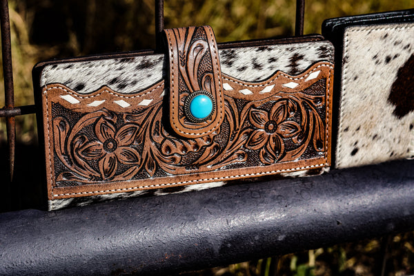 Cowhide wallet with turquoise stone