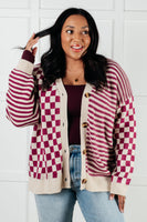 Button Down Sweater Knit Cardigan in Magenta/Oatmeal