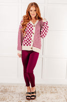 Button Down Sweater Knit Cardigan in Magenta/Oatmeal