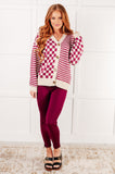 Button Down Sweater Knit Cardigan in Magenta/Oatmeal