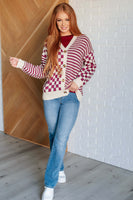 Button Down Sweater Knit Cardigan in Magenta/Oatmeal